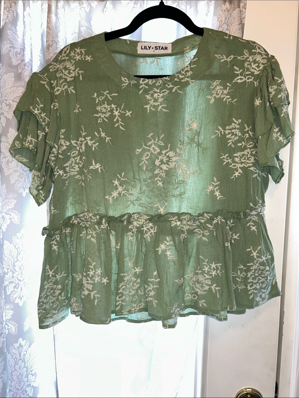 Lily Star Sage Green Floral Ruffle Peplum Blouse